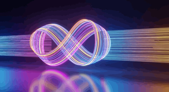 Captivating abstract infinity symbol glowing with vibrant light trails, representing seamless data flow, advanced technological interconnectedness, and the infinite digital future