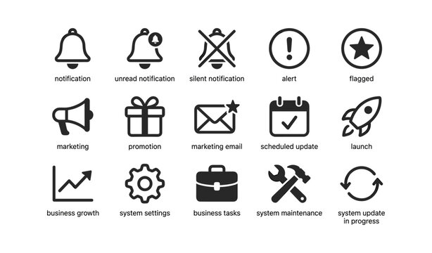 Notification and business icons showing alerts and system functions