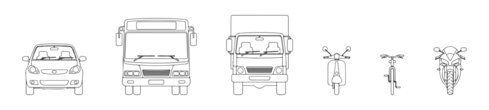 Vehicle Vector Set in Minimalist Line Art, Front View Transportation Icons with White Fill and Clean Black Outlines for Technical Drafting, Urban Planning, and Architectural Site Layouts