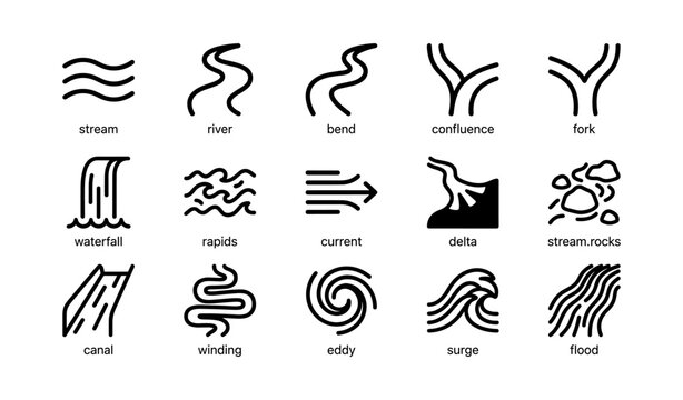 River and stream icons arranged in grid on white background