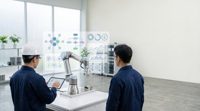 Future industrial automation engineers monitoring robotic arm with holographic data display technology innovation concept