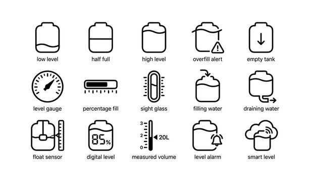 Tank level icons showing fill indicators and sensor statuses grid