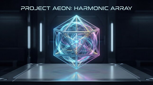 Project Aeon harmonic array glowing blue geometric cube hologram futuristic technology interface neon light effects digital abstract design scifi concept illustration cybernetic