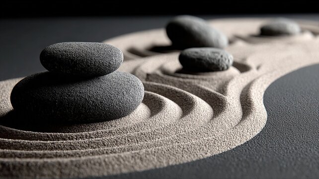 Zen garden with raked sand patterns and balanced stones, symbolizing peace and meditation