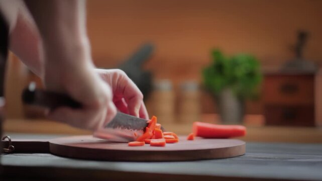 A man's hands use a knife to chop a fresh carrot into small cubes on a cutting board. Herbs and spices are blurred in the background. Healthy home cooking concept