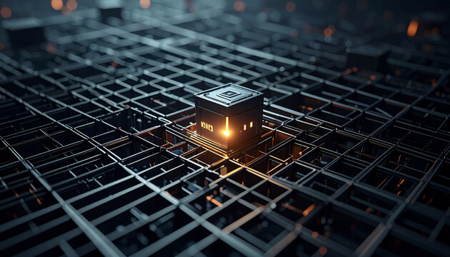 Cyber Cube: High-angle view of a futuristic digital cube, radiating with vibrant energy, sitting on a complex network of interconnected circuits, symbolizing the core of technology.