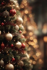 Fototapeta premium Festive Christmas Tree Decorated with Ornaments, Lights, and Garland, Creating a Warm and Cozy Holiday Atmosphere