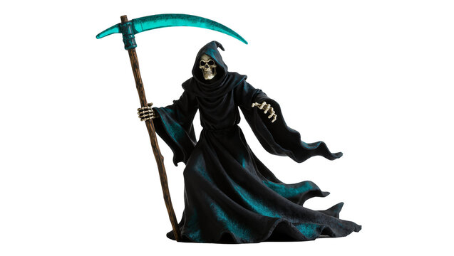 Dark hooded Grim Reaper figure holding scythe with bony hands