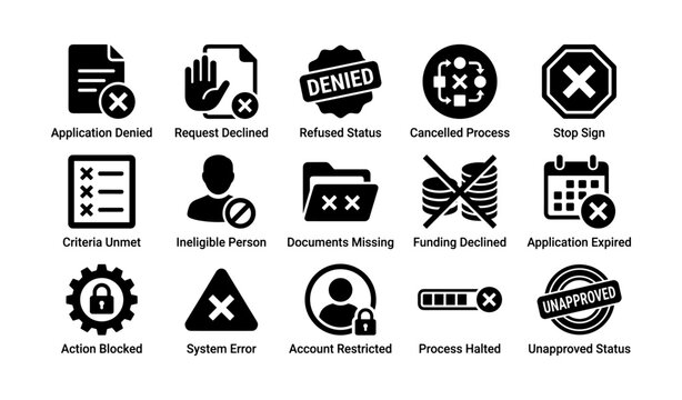 Denial and error icons showing blocked actions on white