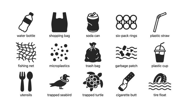Marine debris icon set showing plastic waste symbols on white