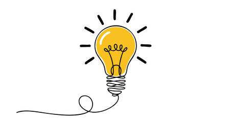 A bright yellow lightbulb with a curly black filament symbolizes a new idea or inspiration © Uzair