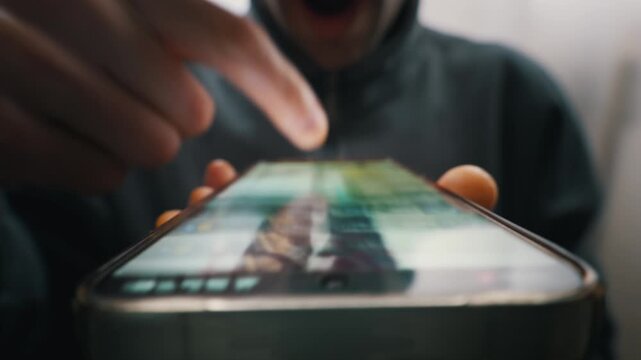 An unrecognizable person holds a smartphone and taps the glowing screen. The extreme close up view focuses on the device edge and fingertips. The background features a softly blurred human figure
