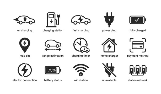 Electric vehicle charging icons arranged in grid on white background