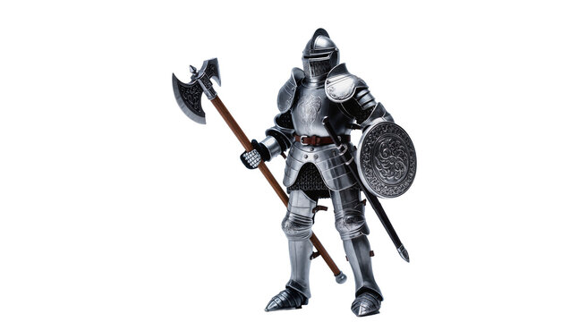Medieval Knight in Full Armor Holding Battle Axe and Round Shield