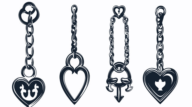 Four stylized pendants on chains with heart and geometric shapes, in black and white