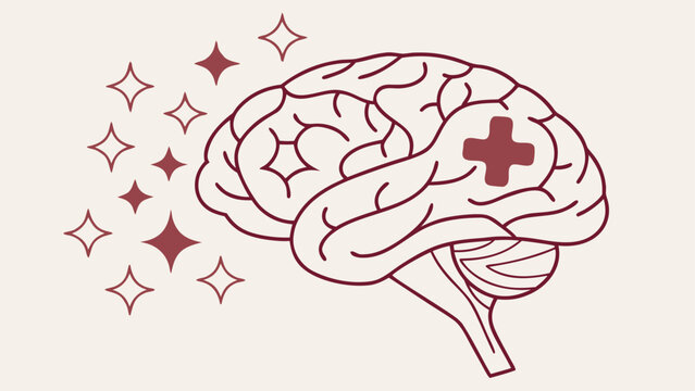 Human brain illustration with medical plus sign and glowing stars, cognitive