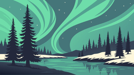 Northern lights over snowy pine forest and river landscape with borealis © Proi