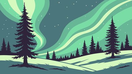 Starlit northern lights above frozen snowy landscape and pines with borealis © Proi