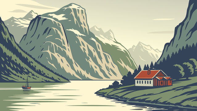 Scenic red cabin by fjord bay surrounded by snow capped mountains with mountain