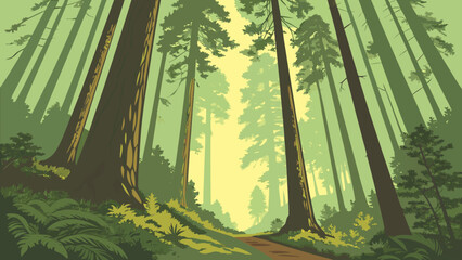 Obraz premium Sunlight filtering through tall trees in a lush forest with sunlight, woodland
