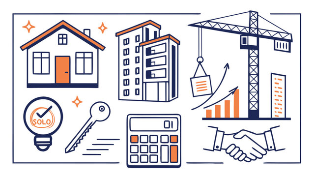Real estate investment and property development icons set with property