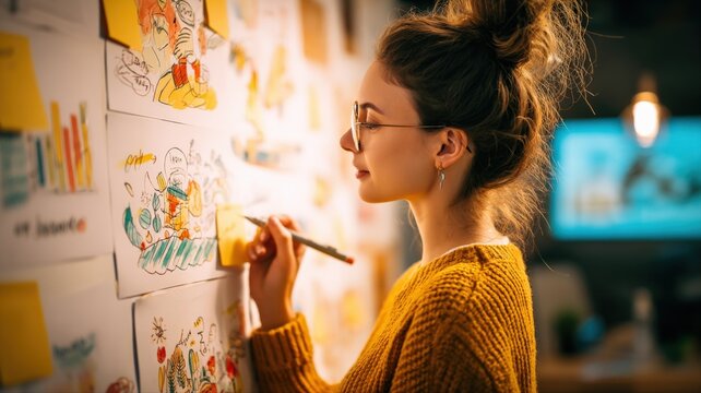 Young female artist with glasses sketching creative ideas on a wall covered in drawings and notes