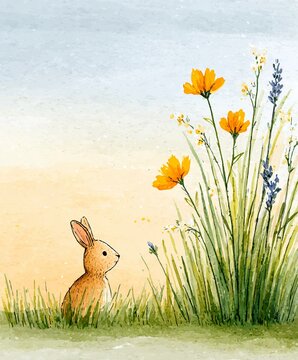 Vertical watercolor style illustration of curious rabbit gazing at vibrant wildflowers in serene meadow setting for spring nature themed mobile wallpaper