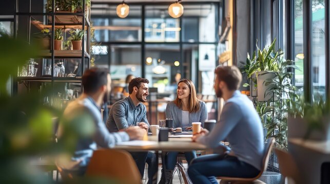 A group of young adults engaged in a lively conversation at a modern coffee shop