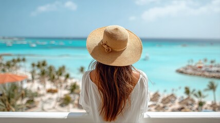 Obraz premium Woman wearing a sun hat looking out at a tropical beach with turquoise ocean and palm trees
