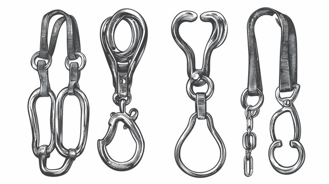 A detailed monochrome illustration of four different metal clasp and clip designs