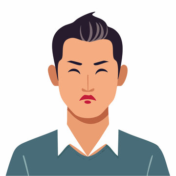 Illustration of a man with dark hair and a displeased expression