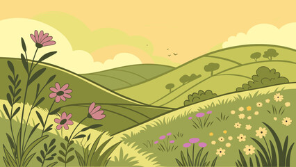 Fototapeta premium Rolling green hills landscape with wildflowers at sunset landscape blooming