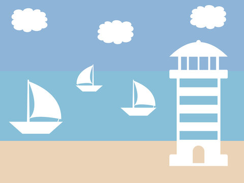 Naive Strandillustration mit Segelbooten und Leuchtturm
