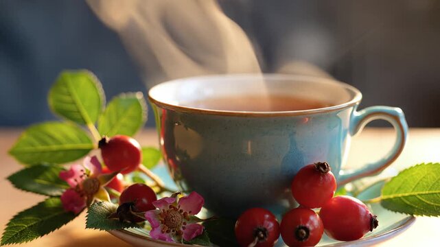 Steaming cup of tea with rose hips and leaves on a saucer indoors