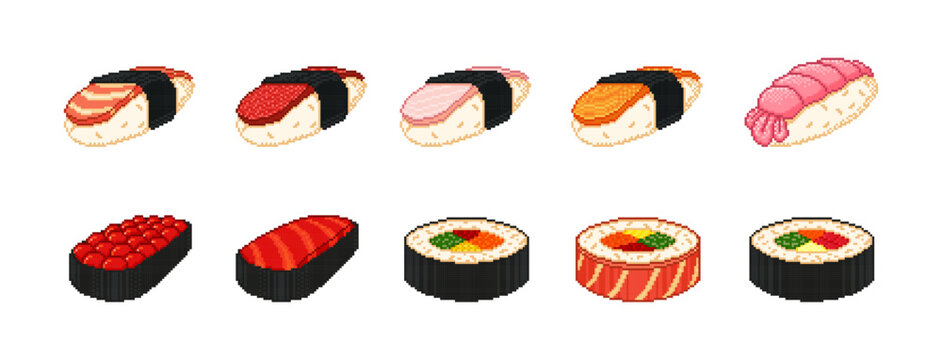 A set of pixelated sushi and roll icons for digital design and Asian food projects.