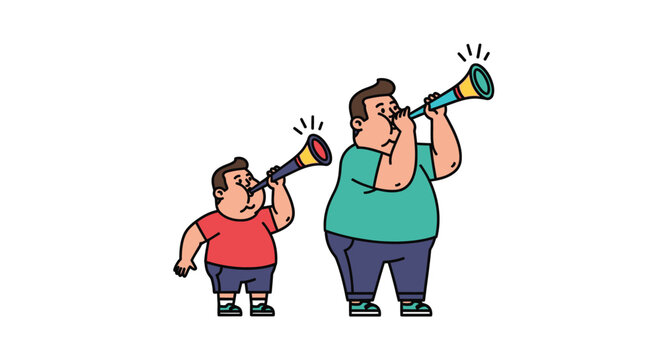 Illustration of Two People Blowing Horns, Cartoon Style, Isolated.