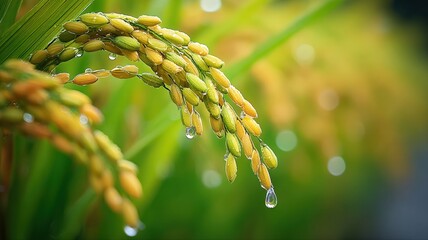 Fototapeta premium Close up of ripe golden rice grains with water droplets, ready for harvest in a lush green field