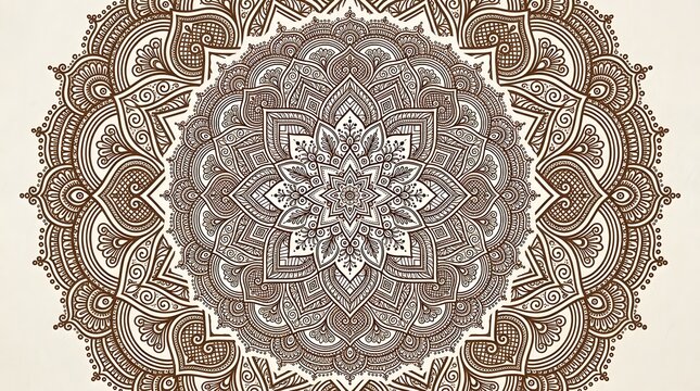 Intricate brown mandala design with symmetrical patterns on beige background