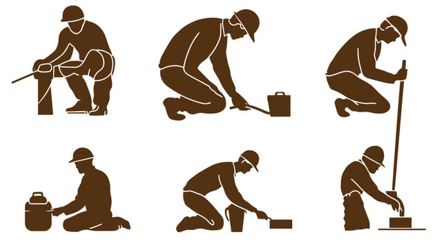 Series of silhouetted figures engaged in various construction or craft activities