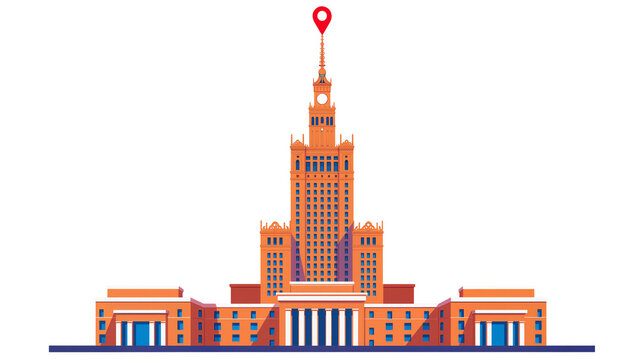 Orange Soviet Era Building with Red Pointer and Blue Lower Structures
