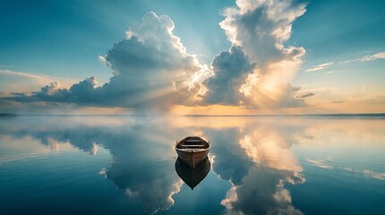 Serene sunset over calm waters with boat reflecting clouds and sky