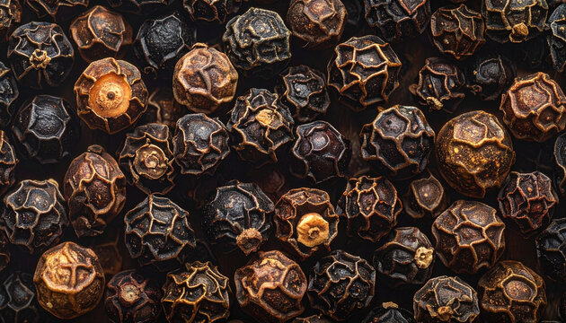 Close up of black peppercorns showing textures and details for culinary themes