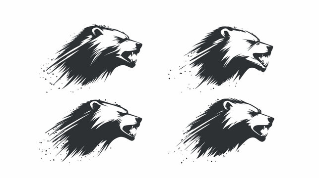 Four stylized black and white illustrations of a bear head with an open mouth and aggressive expression