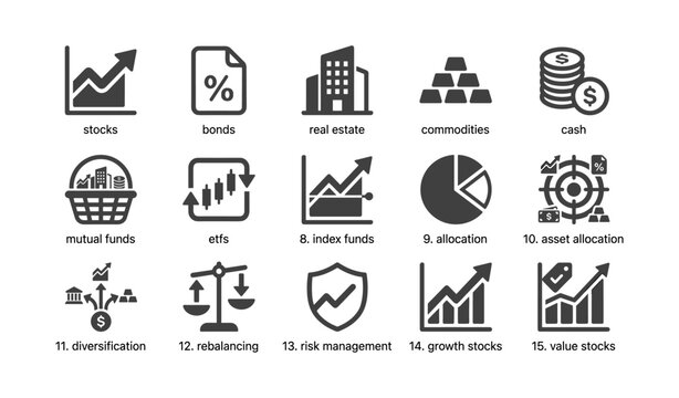 Financial icons showing asset classes and allocation grid