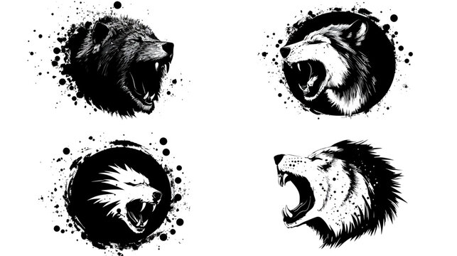 Four black and white illustrations of snarling animals, each with ink splatter background