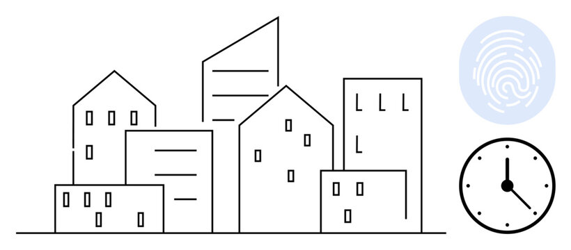 Urban planning, identity verification, security systems, time management, modern architecture, technology concepts. ion of buildings, a clock and a fingerprint symbol. Urban planning and identity
