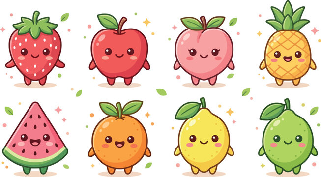 Set of cute happy fruit characters with faces and sparkles on transparent background.