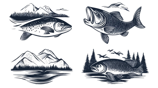 Four monochrome illustrations of fish and mountain landscapes, including pine trees and birds