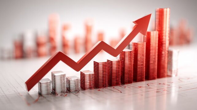 3d red graph arrow pointing up isolated white background, financial growth business success profit increase concept.