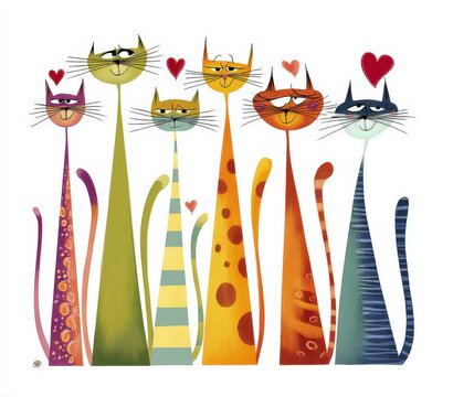 Whimsical whimsical, colorful, stylized cats with hearts, cartoon style, perfect for whimsical decor